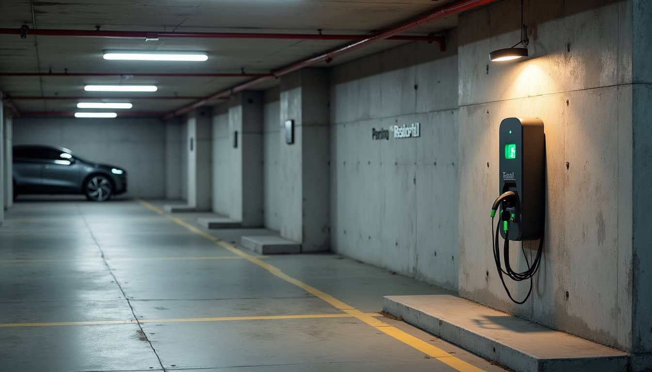Borne de recharge installée dans un parking d'immeuble à Berry-Bouy
