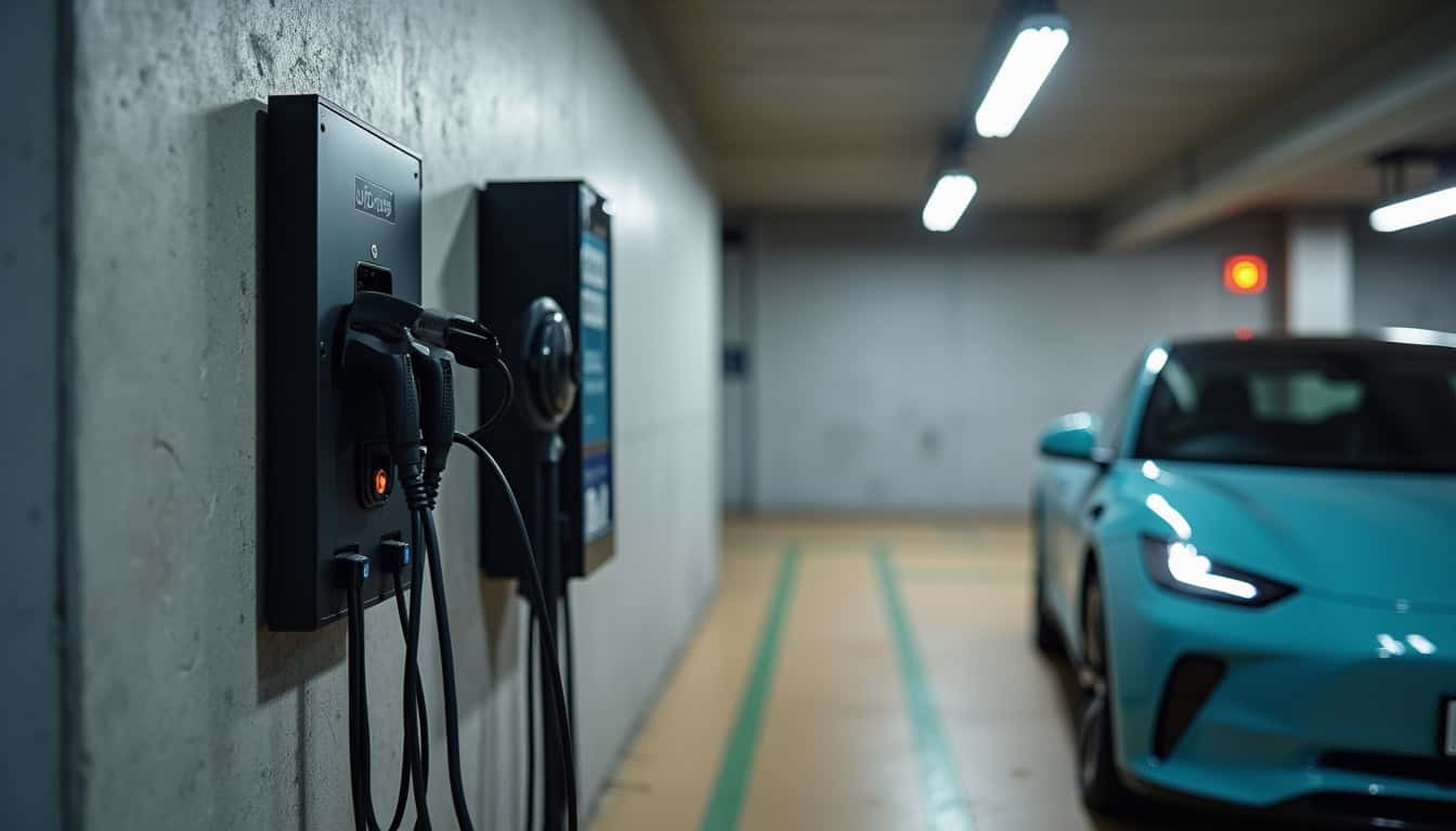 Borne de recharge installée dans un parking d'immeuble à Bourg-lès-Valence
