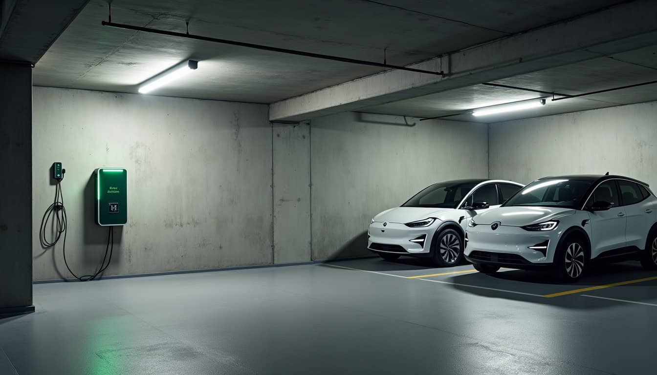 Borne de recharge installée dans un parking d’immeuble à Meyrié, avec plusieurs véhicules électriques à proximité