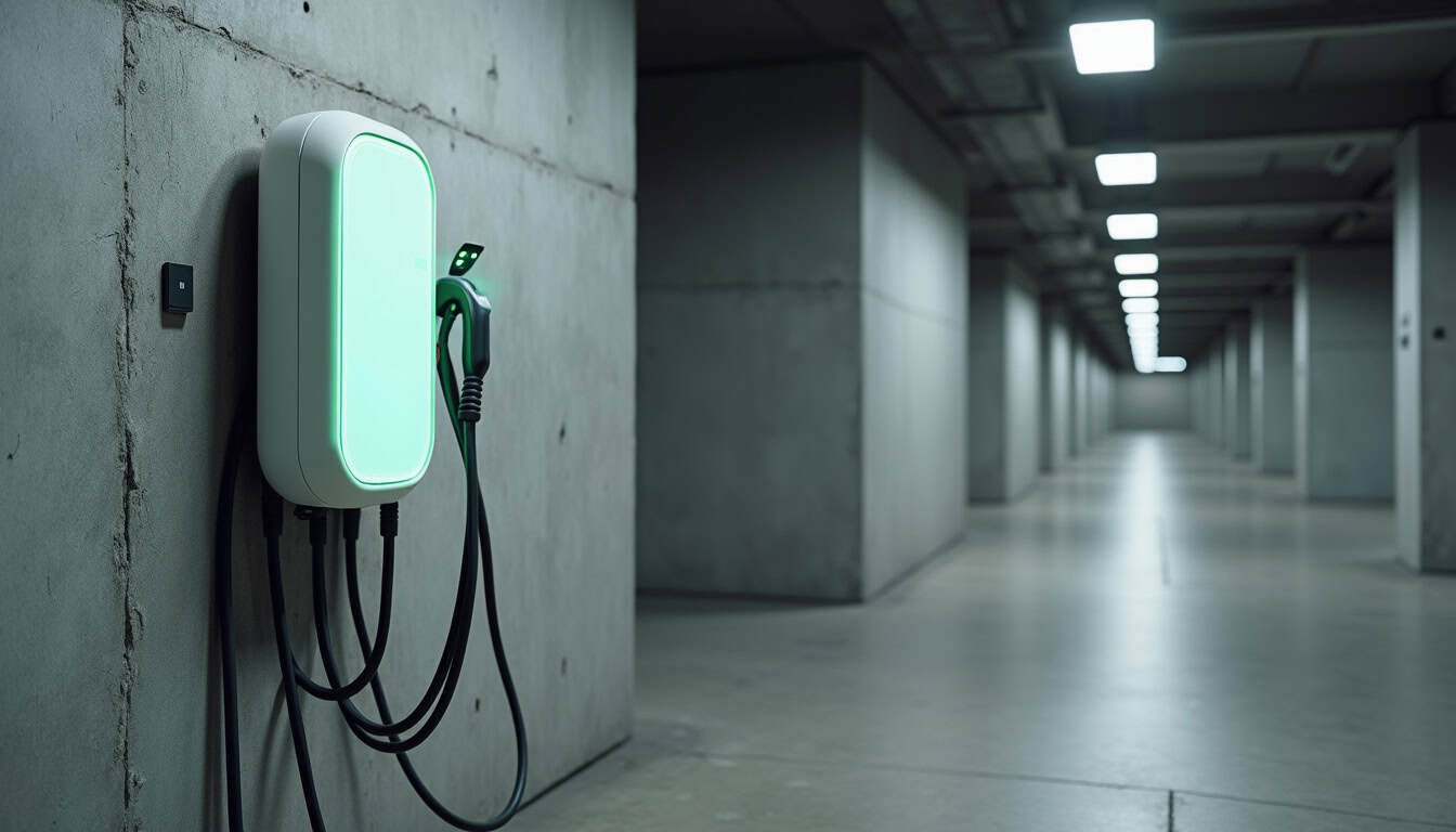 Borne de recharge installée dans un parking souterrain de copropriété
