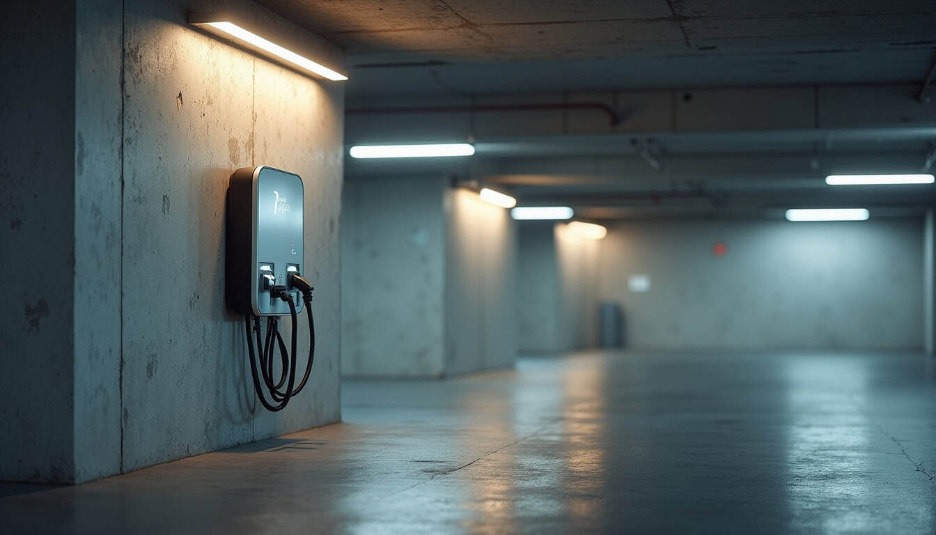 Borne de recharge installée dans un stationnement souterrain d’un immeuble résidentiel