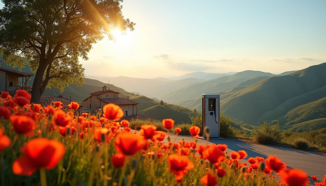 Borne de recharge installée dans un village rural avec vue sur les collines environnantes