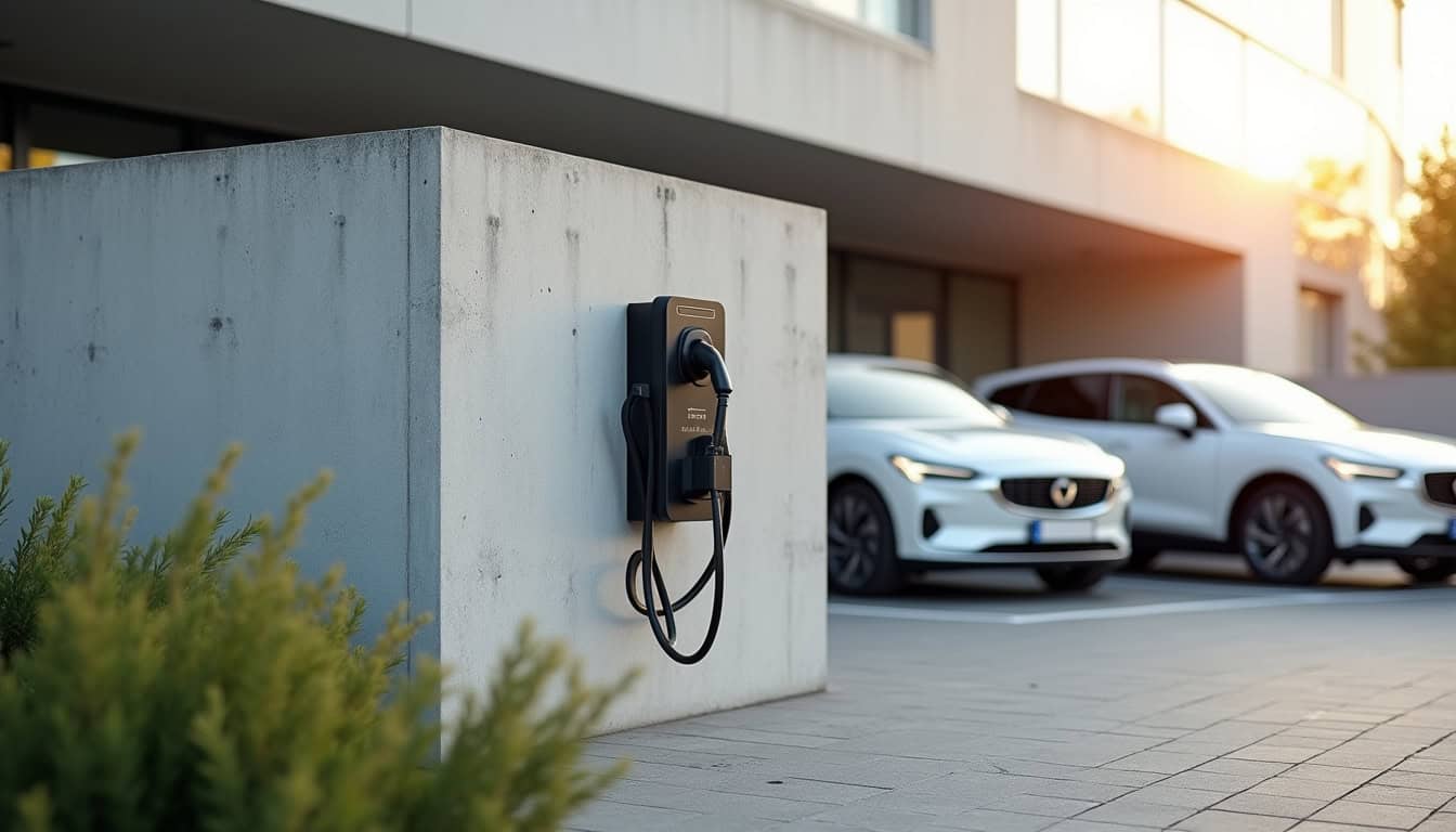Borne de recharge installée dans une entreprise à Rouffach, vue de parking professionnel