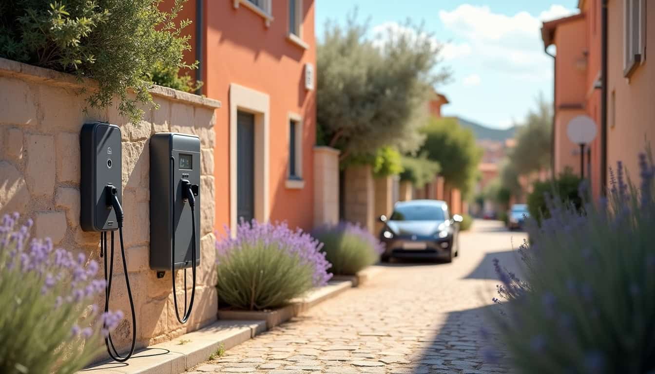 Borne de recharge installée dans une rue résidentielle de Courthézon