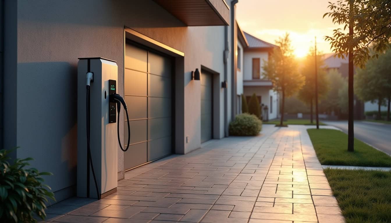 Borne de recharge installée devant un garage à Bruebach, en milieu urbain calme