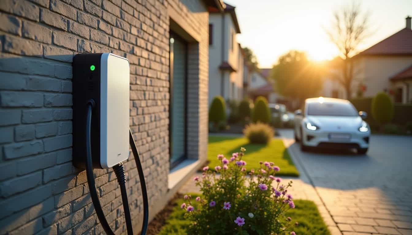 Borne de recharge installée devant une maison à Monchy-Saint-Éloi