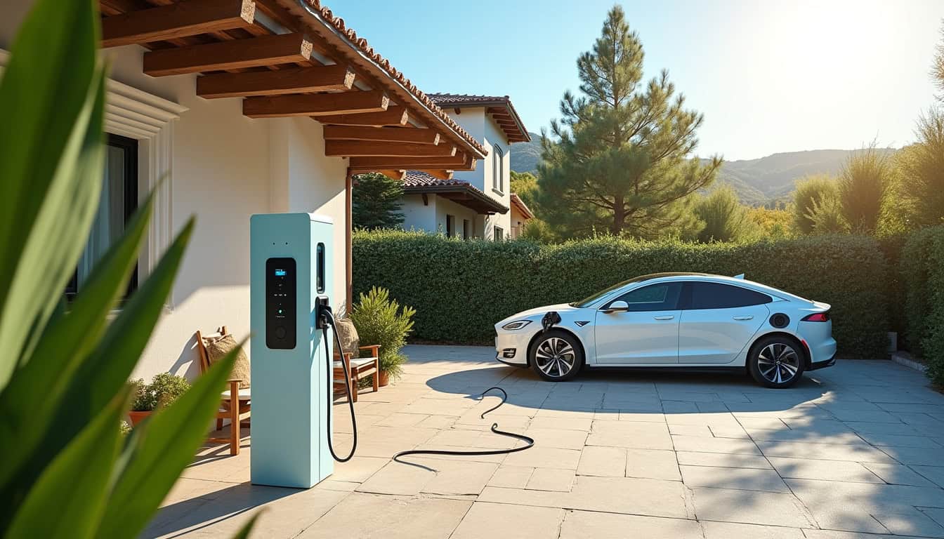 Borne de recharge installée devant une maison en journée à Sarrola-Carcopino