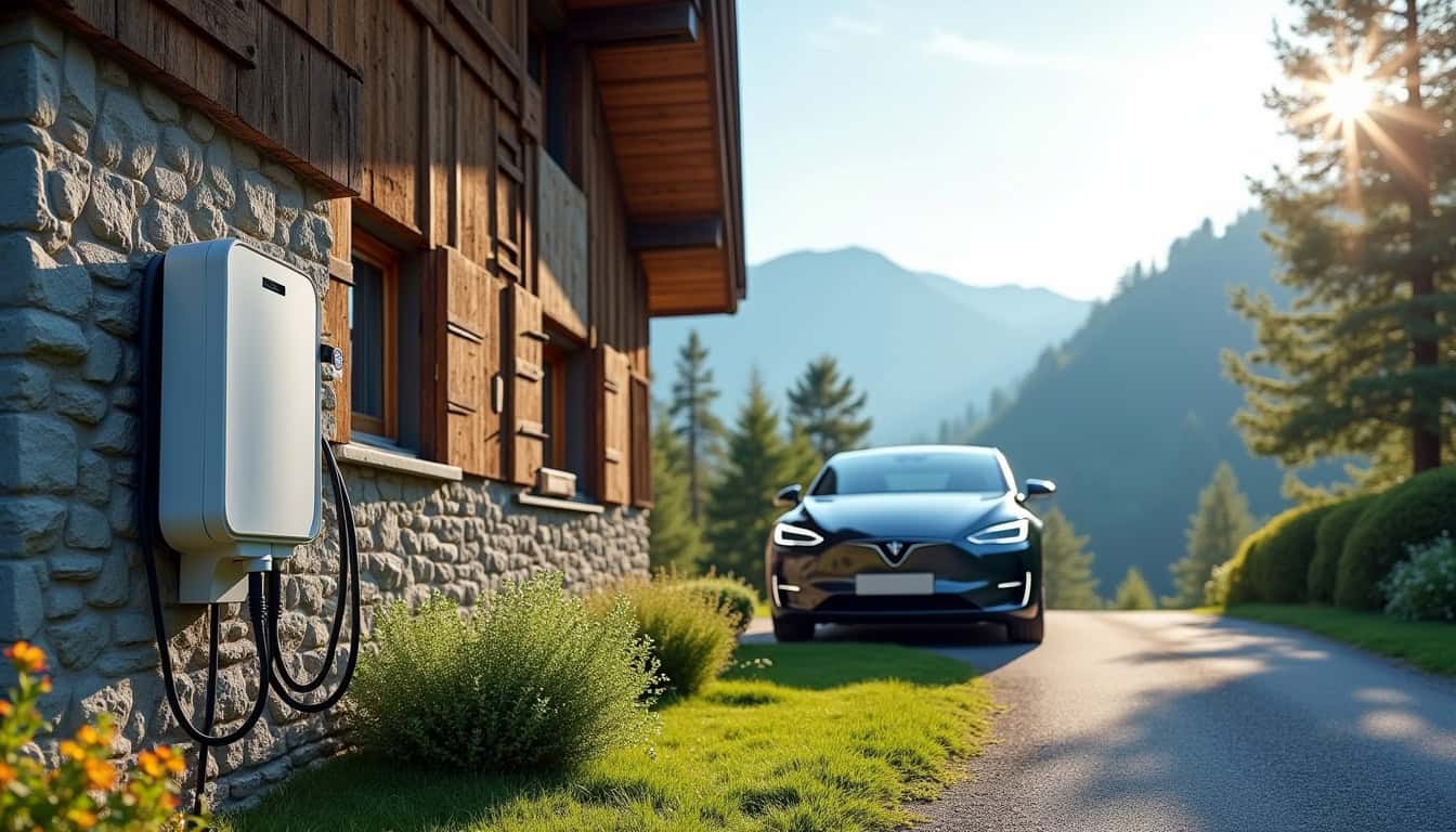 Borne de recharge installée en extérieur à Saint-Sorlin-en-Bugey, près d’un véhicule électrique garé
