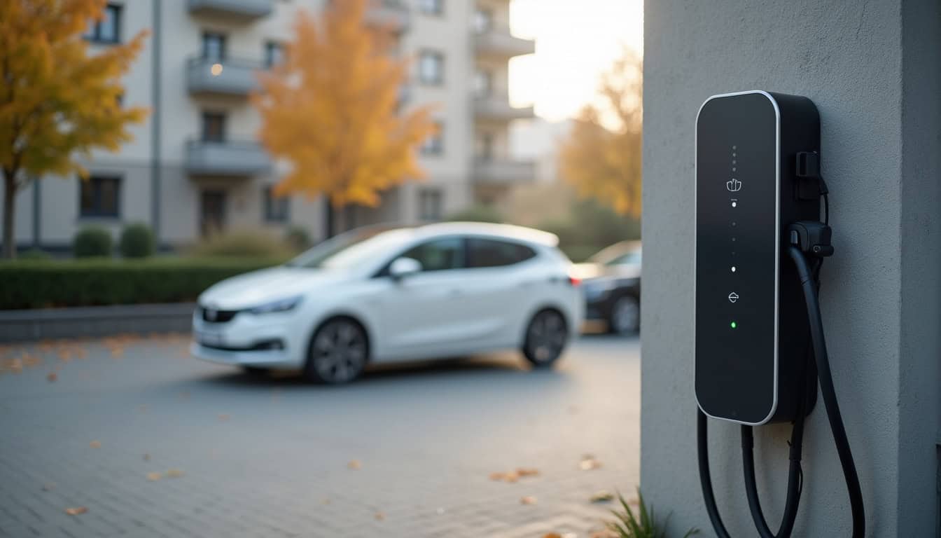 Borne de recharge installée en extérieur dans un parking de copropriété à Fessenheim