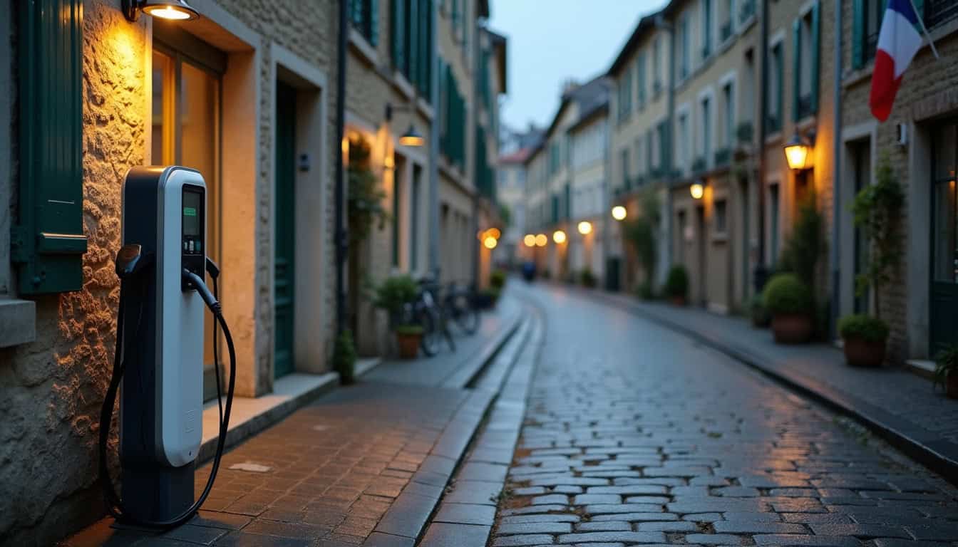 Borne de recharge installée en extérieur dans une rue de Saint-Denis-de-l