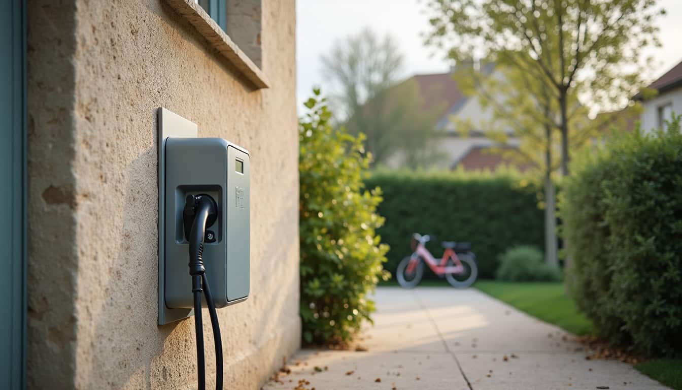 Borne de recharge installée en extérieur sur un mur de maison à Guignes