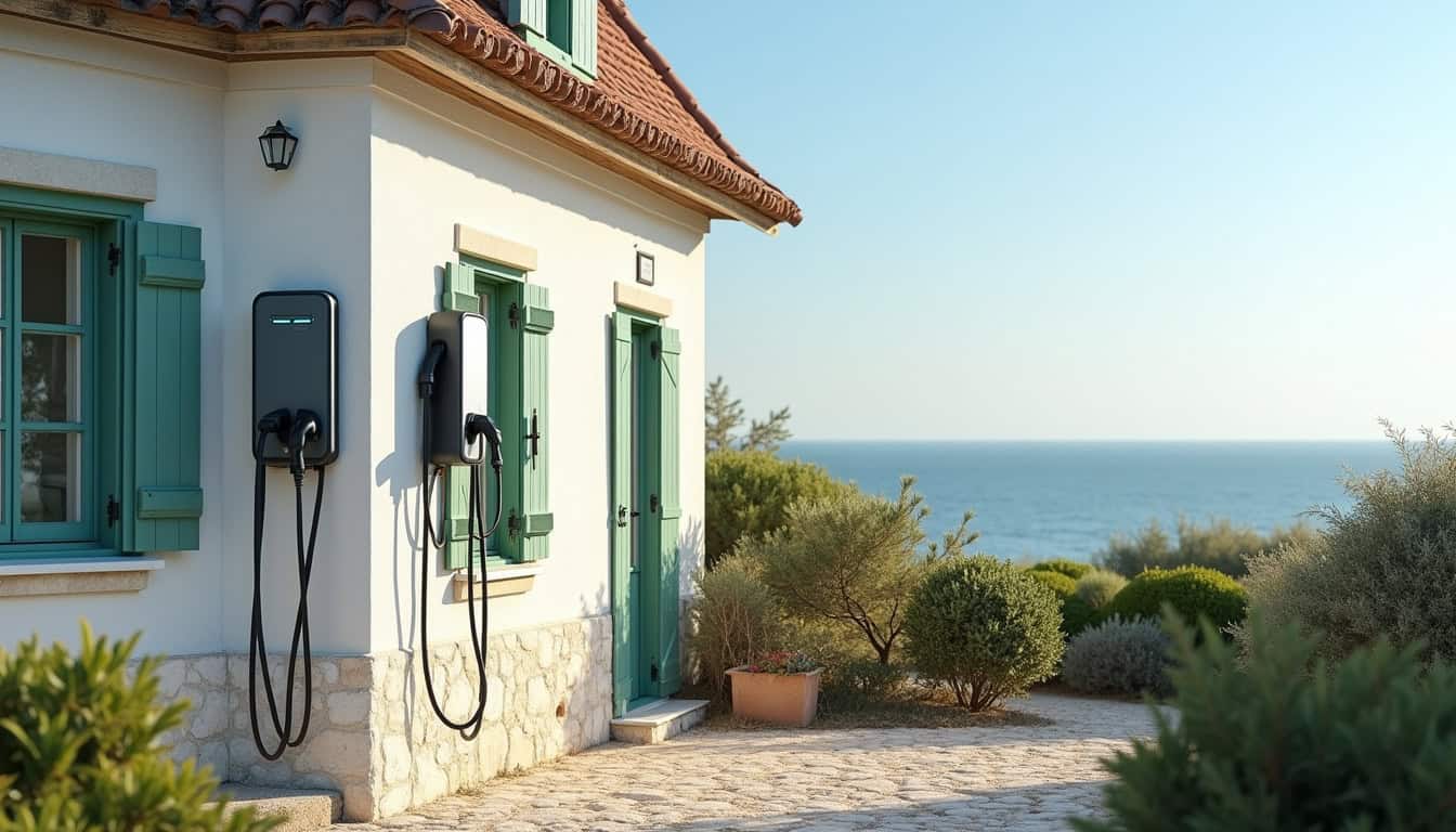 Borne de recharge installée sur la façade d'une maison à Saint-Georges-d'Oléron