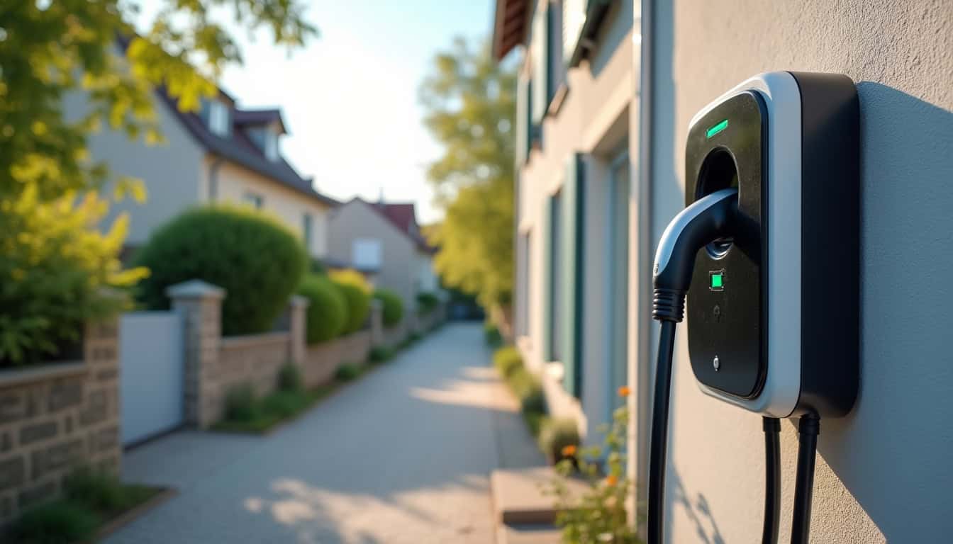 Borne de recharge installée sur la façade d'une maison individuelle à Pocé-sur-Cisse