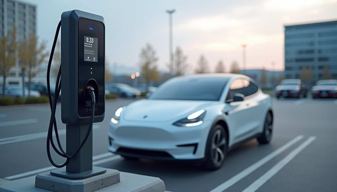 Borne de recharge installée sur le parking d