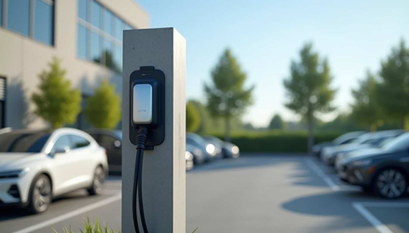 Borne de recharge installée sur le parking d'une entreprise à Contes