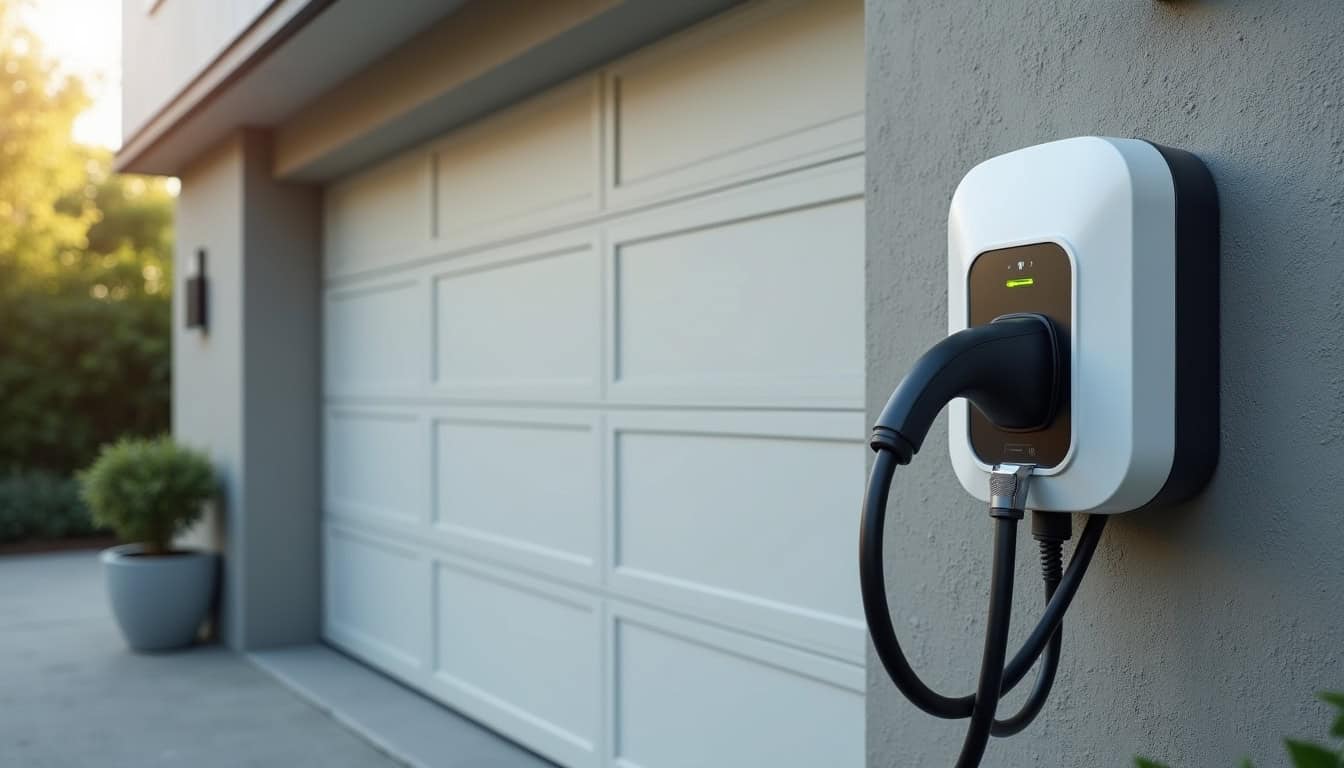 Borne de recharge installée sur un mur de garage en milieu résidentiel