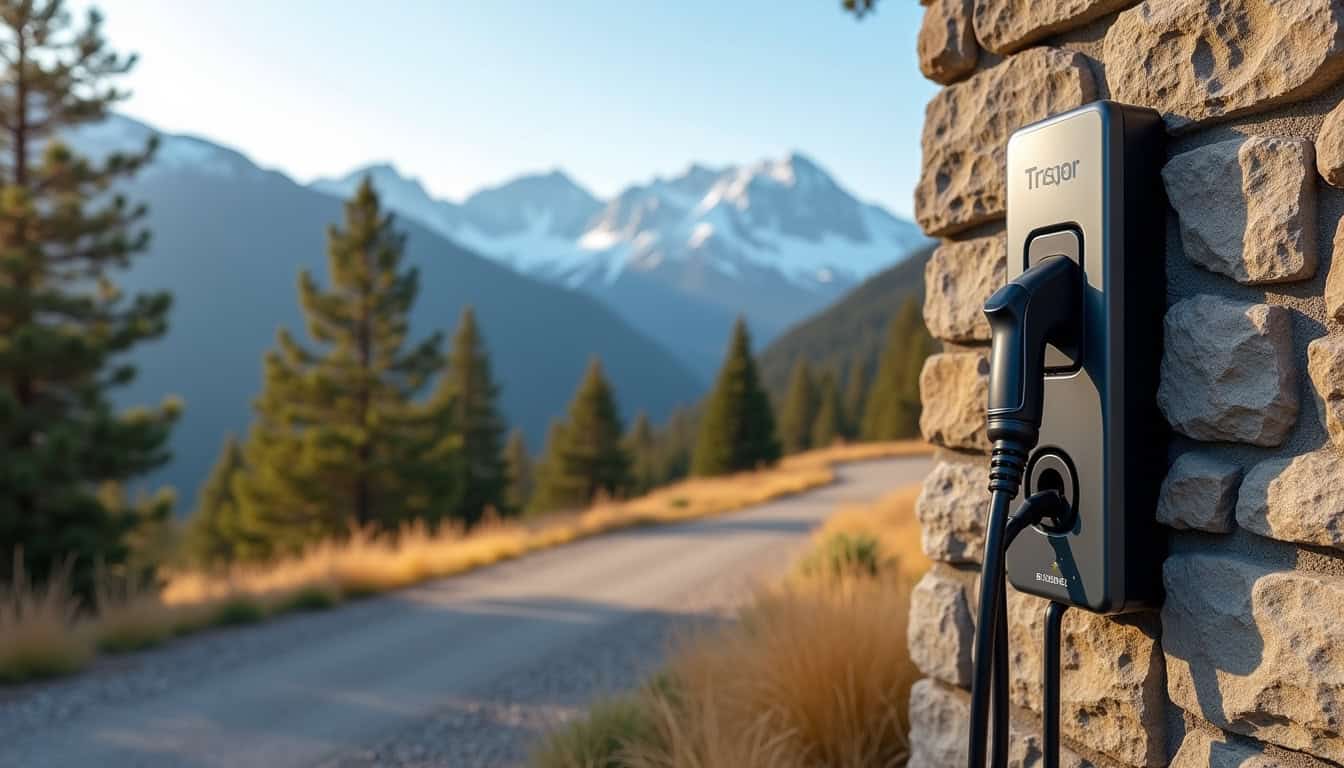 Borne de recharge installée sur un mur extérieur en milieu rural, avec vue sur les montagnes