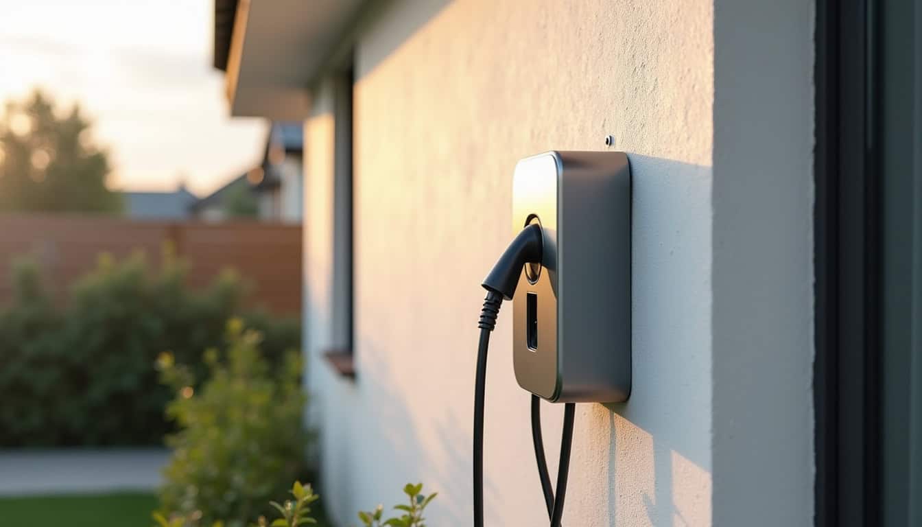 Borne de recharge installée sur un mur extérieur près d