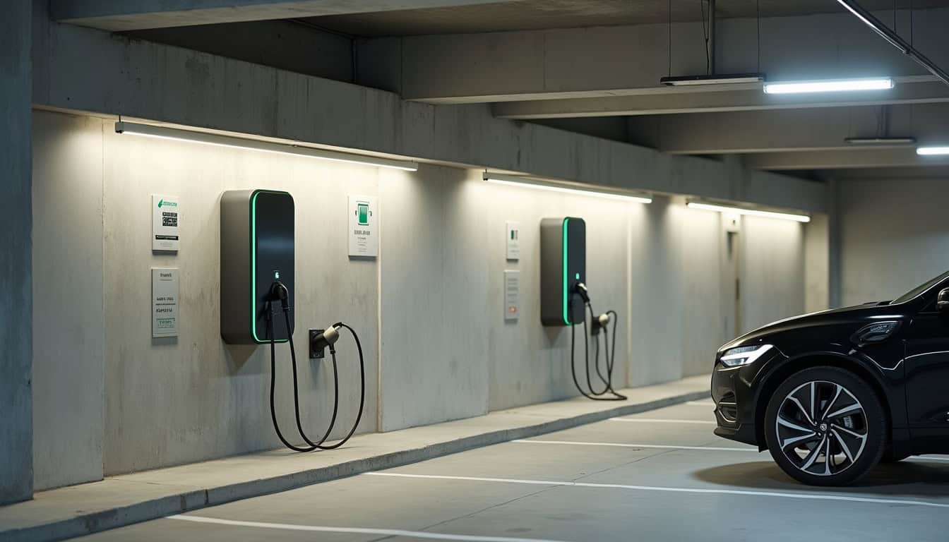 Borne de recharge installée sur un parking commun en copropriété à Gabarret