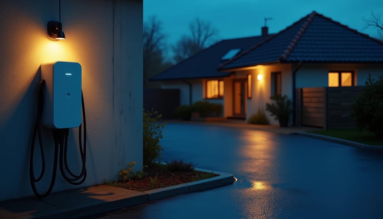 Borne de recharge installée sur un parking privé à Limésy, vue nocturne