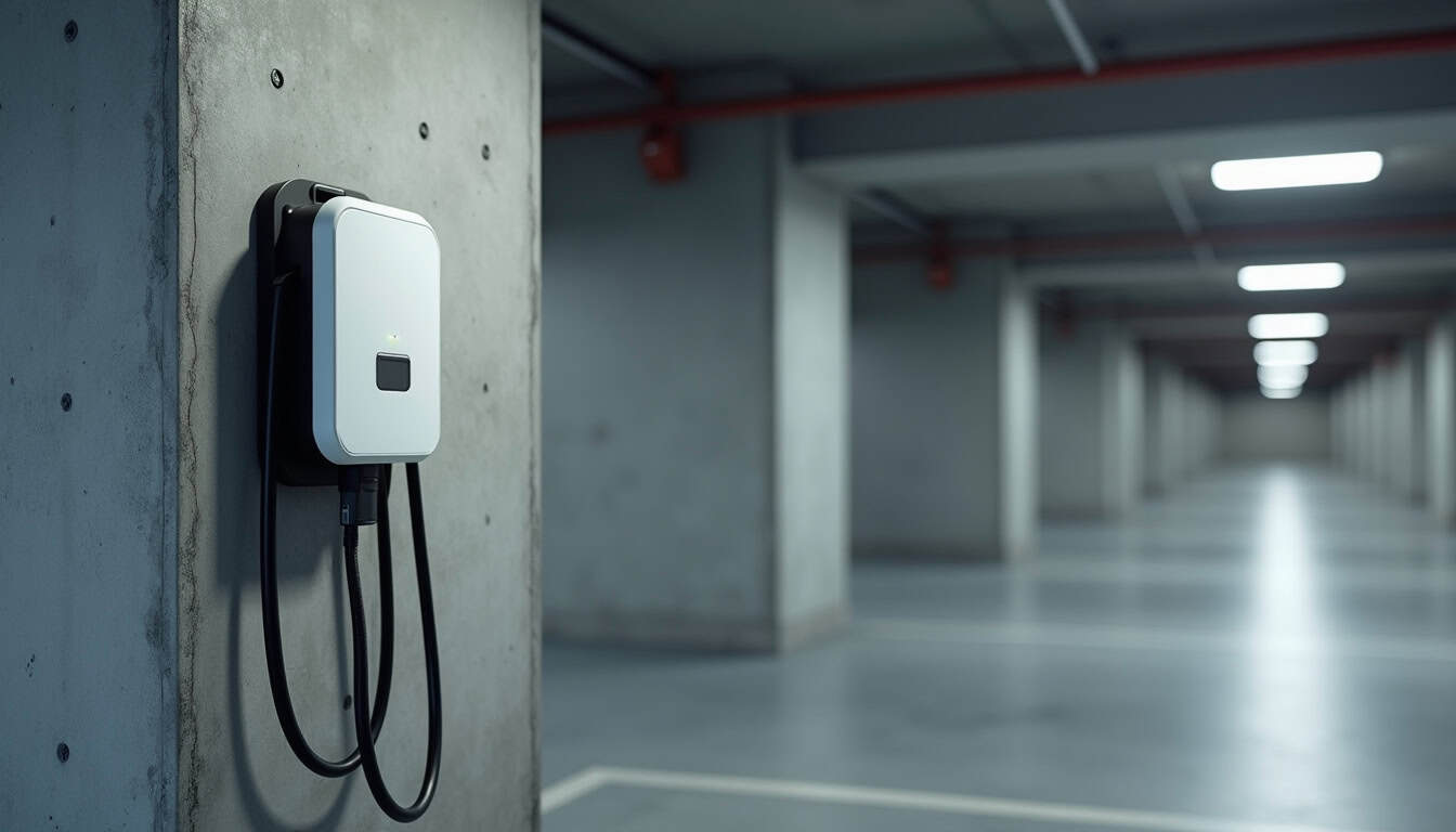 Borne de recharge installée sur un parking souterrain en copropriété à Aubergenville