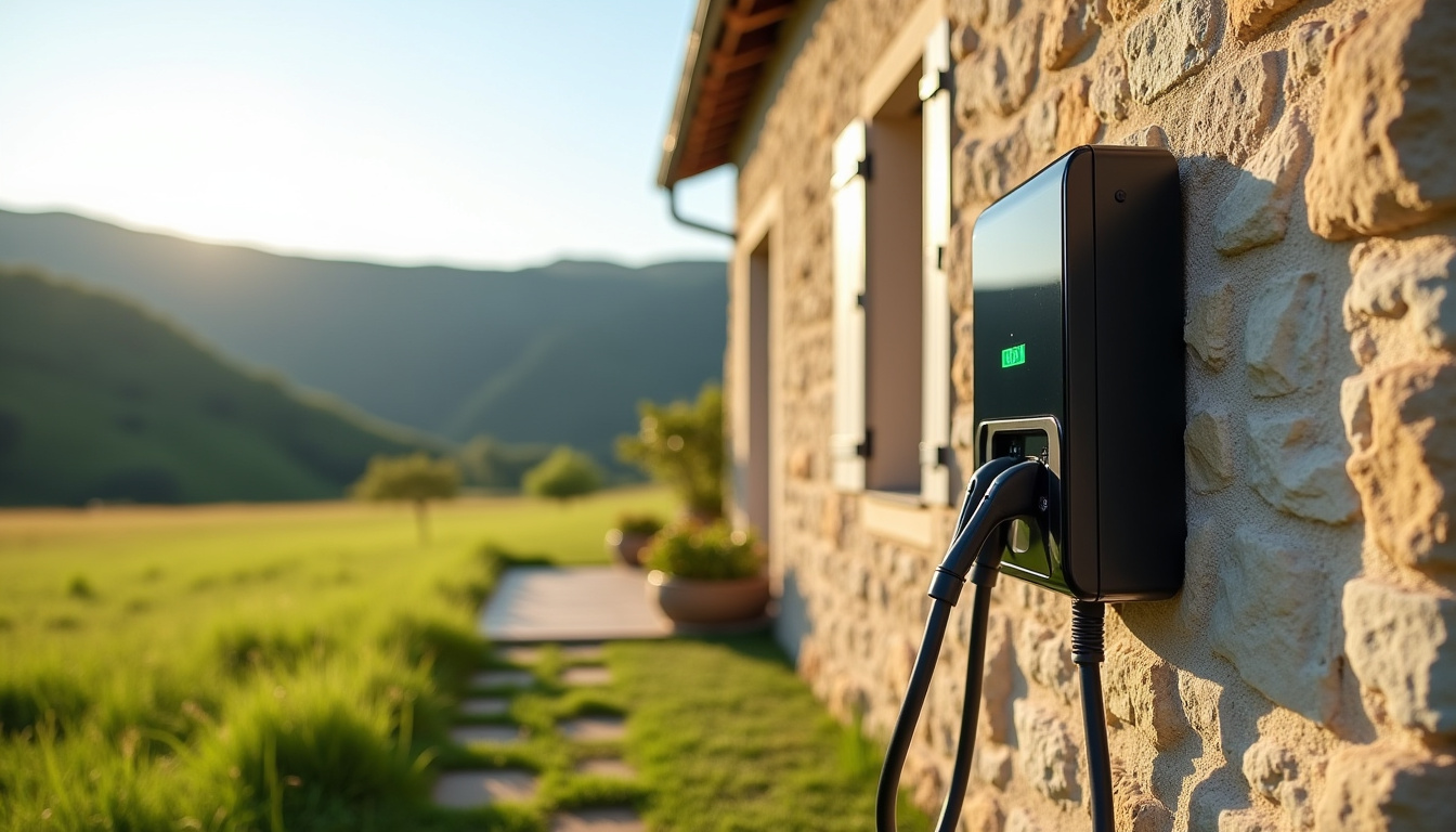 Borne de recharge installée sur une maison individuelle à Puy-l’Évêque, vue de jour en milieu rural