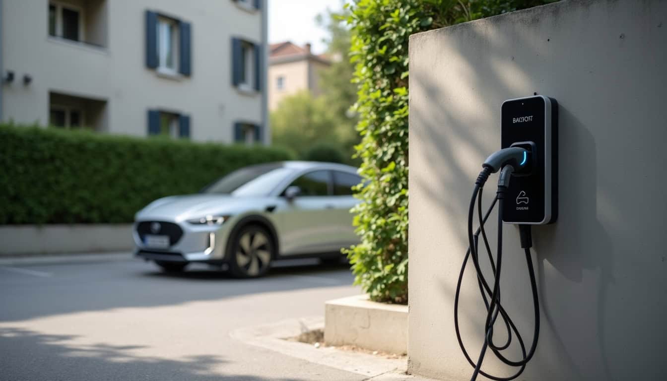 Borne de recharge installée sur une place de parking en copropriété à Darvoy