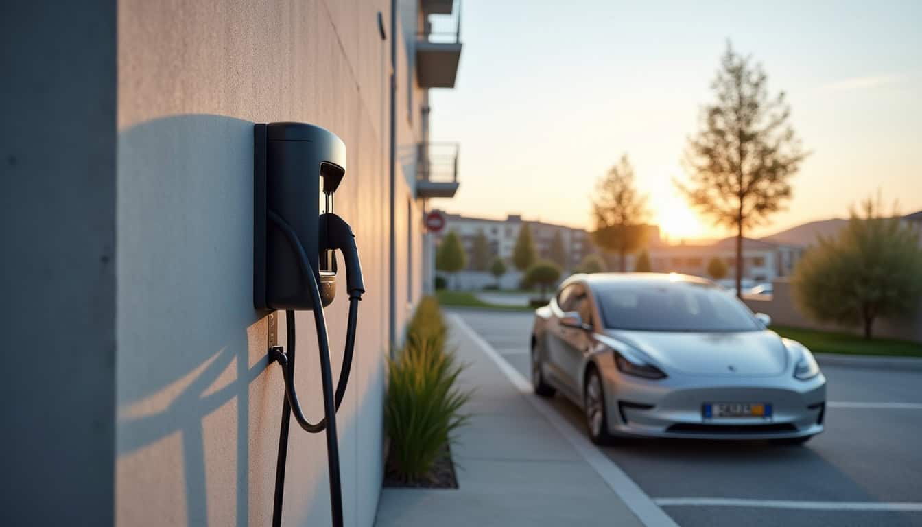 Borne de recharge installée sur une place de parking en copropriété à Péronnas