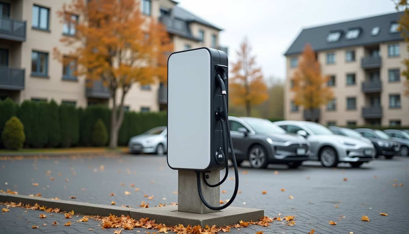 Borne de recharge installée sur une place de parking en copropriété à Saint-Martin-du-Vivier
