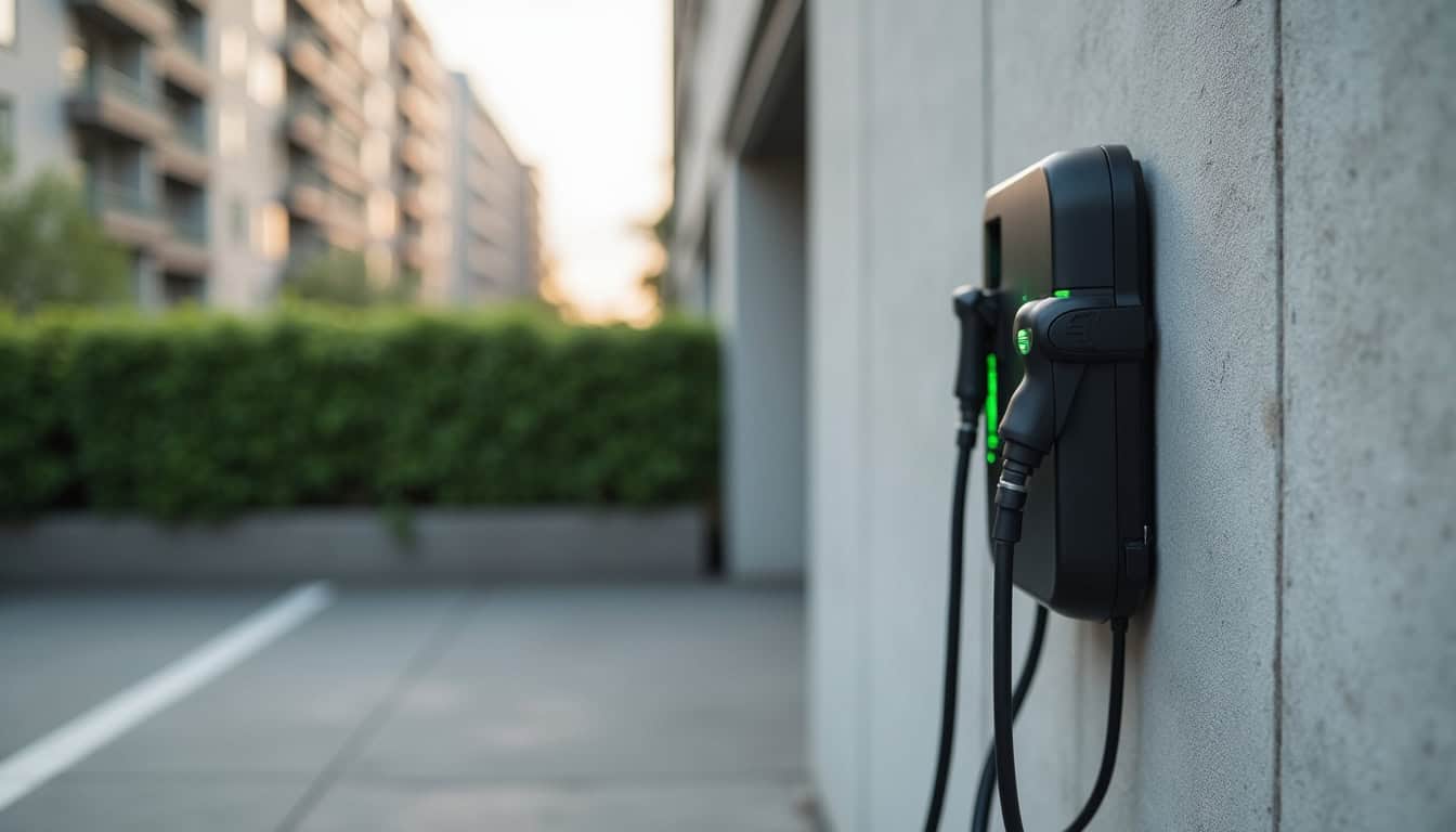Borne de recharge installée sur une place de parking en copropriété