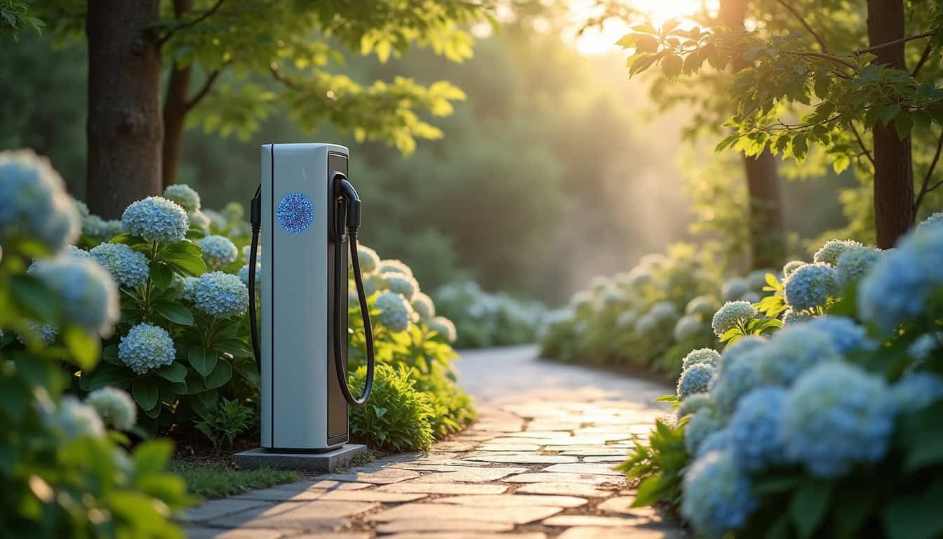 Borne de recharge intelligente installée dans un jardin à Saint-Domineuc