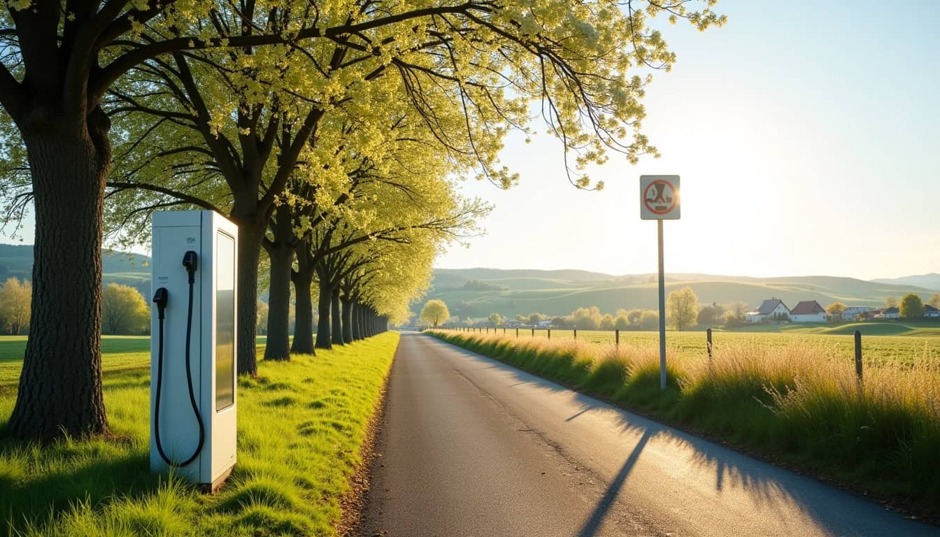 Borne de recharge MobiSDEC installée sur l'Allée des Charmilles à Saint-Gatien-des-Bois, en milieu rural