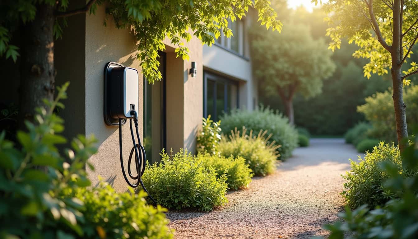 Borne de recharge moderne installée dans un jardin à Roullet-Saint-Estèphe