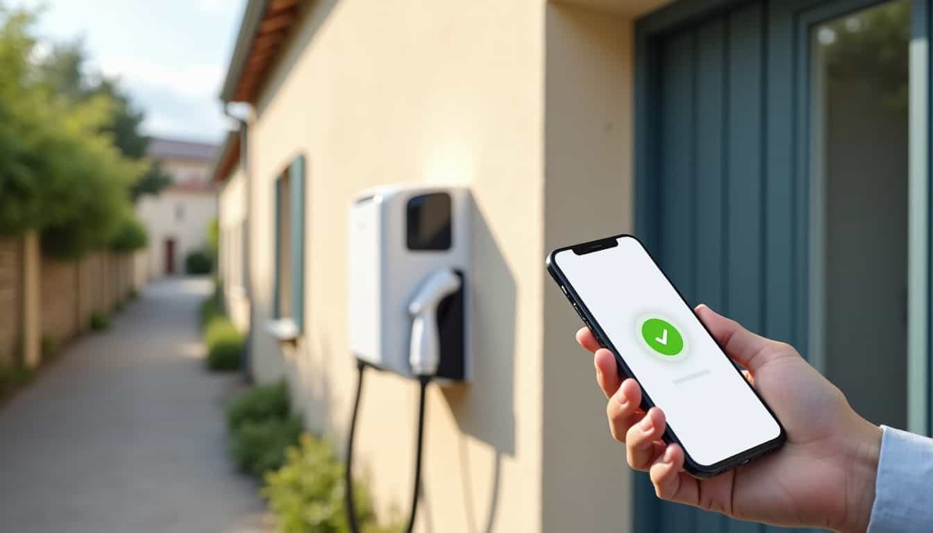 Borne de recharge murale connectée installée à Le Castelet, avec application smartphone