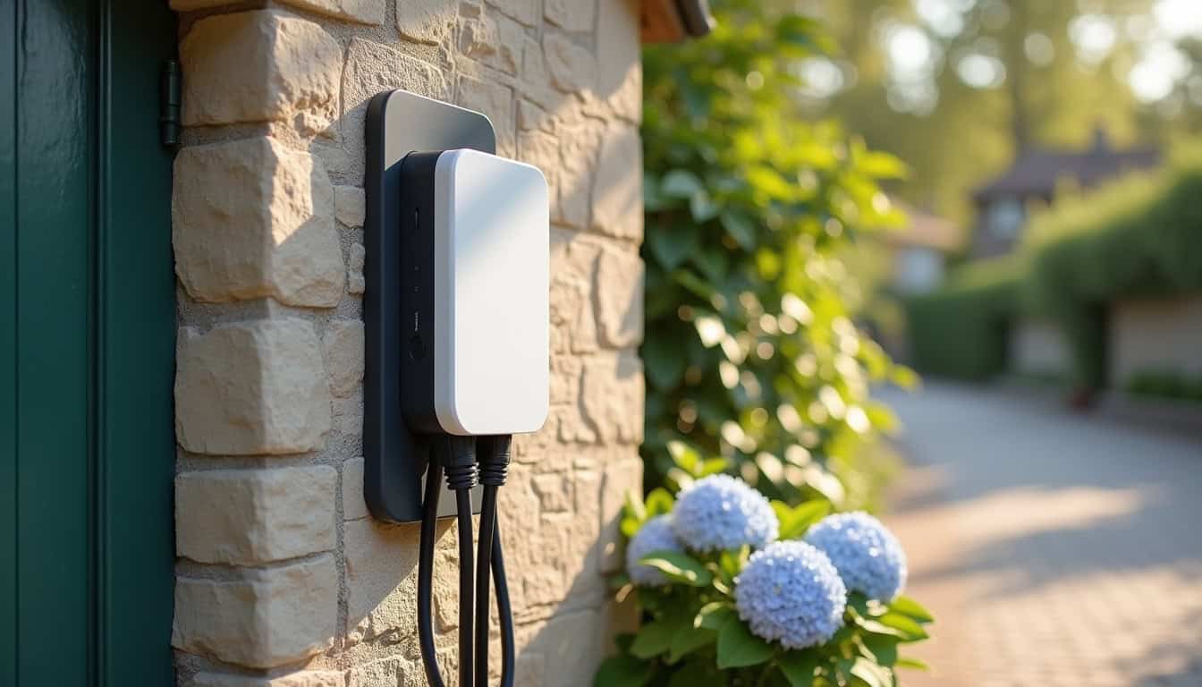 Borne de recharge murale installée à l'extérieur d'une maison à Condat-sur-Vienne