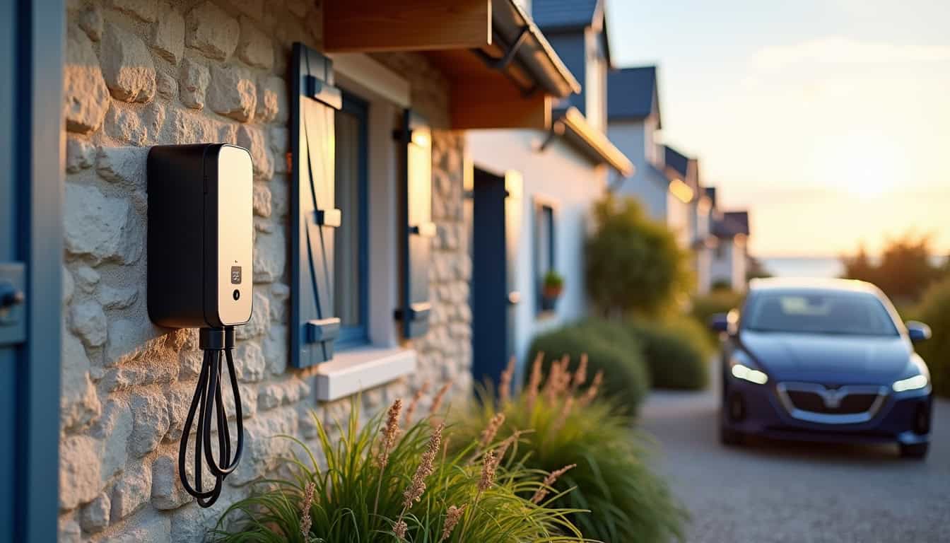 Borne de recharge murale installée à l'extérieur d'une maison à Telgruc-sur-Mer