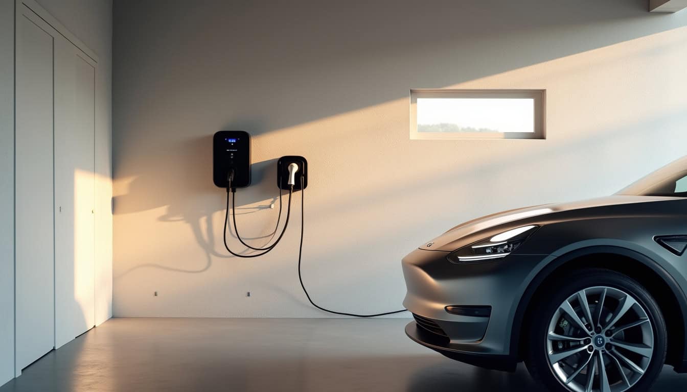 Borne de recharge murale installée dans un garage à Évian-les-Bains