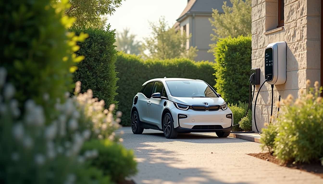 Borne de recharge murale installée dans un jardin à Blaison-Saint-Sulpice, vue de jour avec véhicule électrique en charge