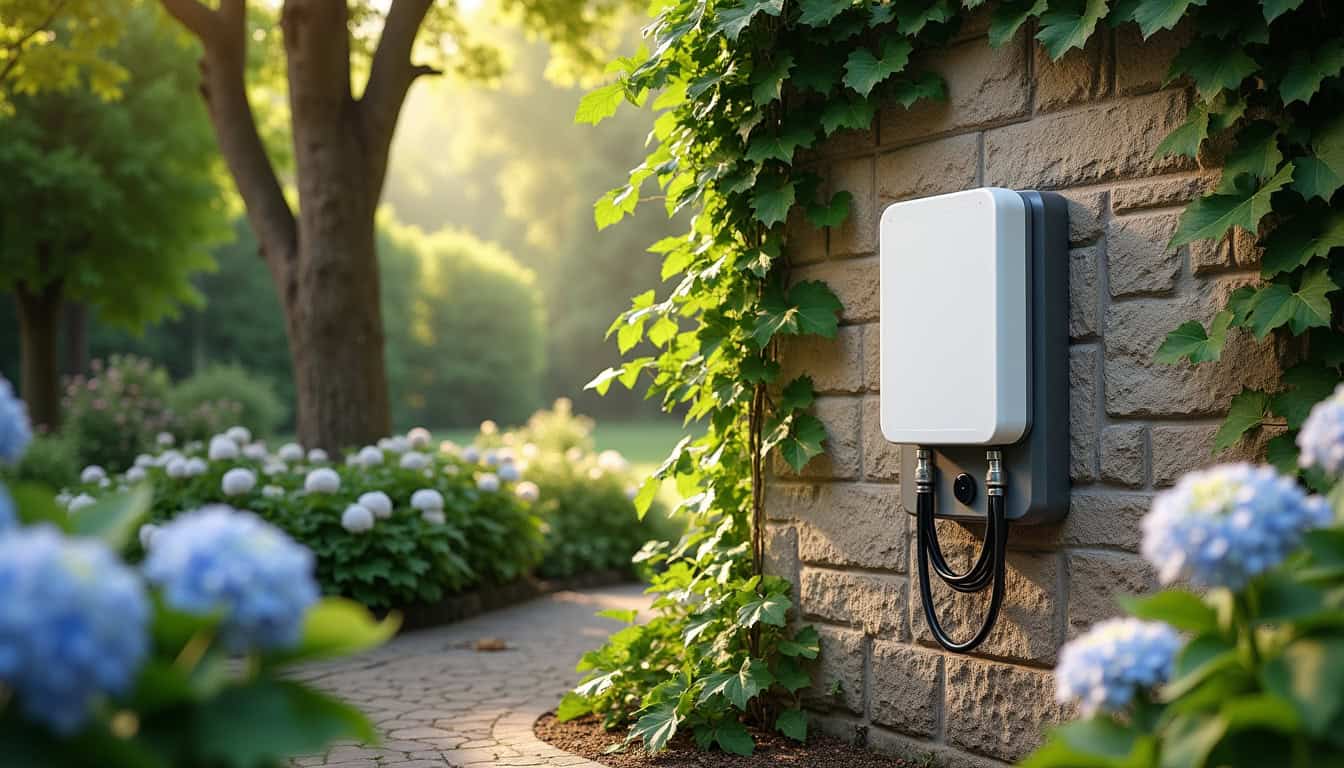Borne de recharge murale installée dans un jardin à Saint-Nom-la-Bretèche