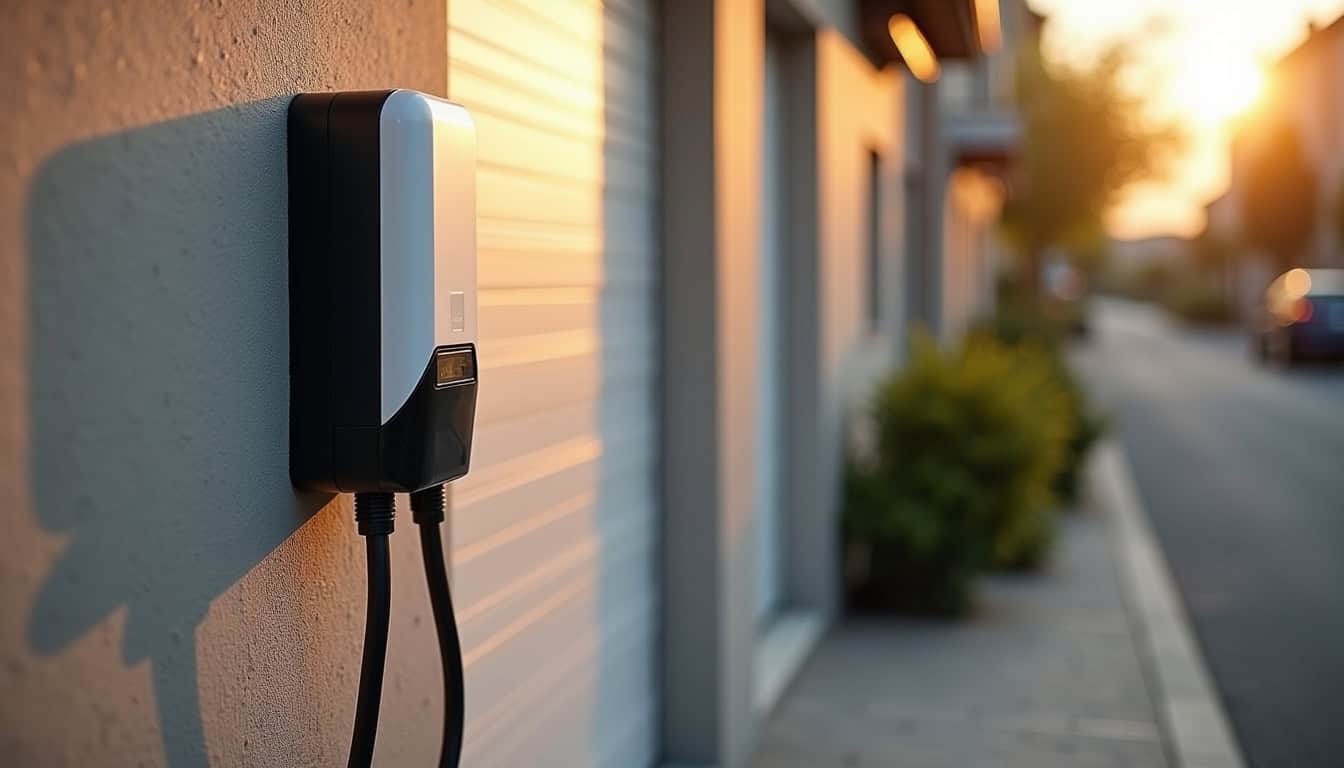 Borne de recharge murale installée devant un garage à Poligny