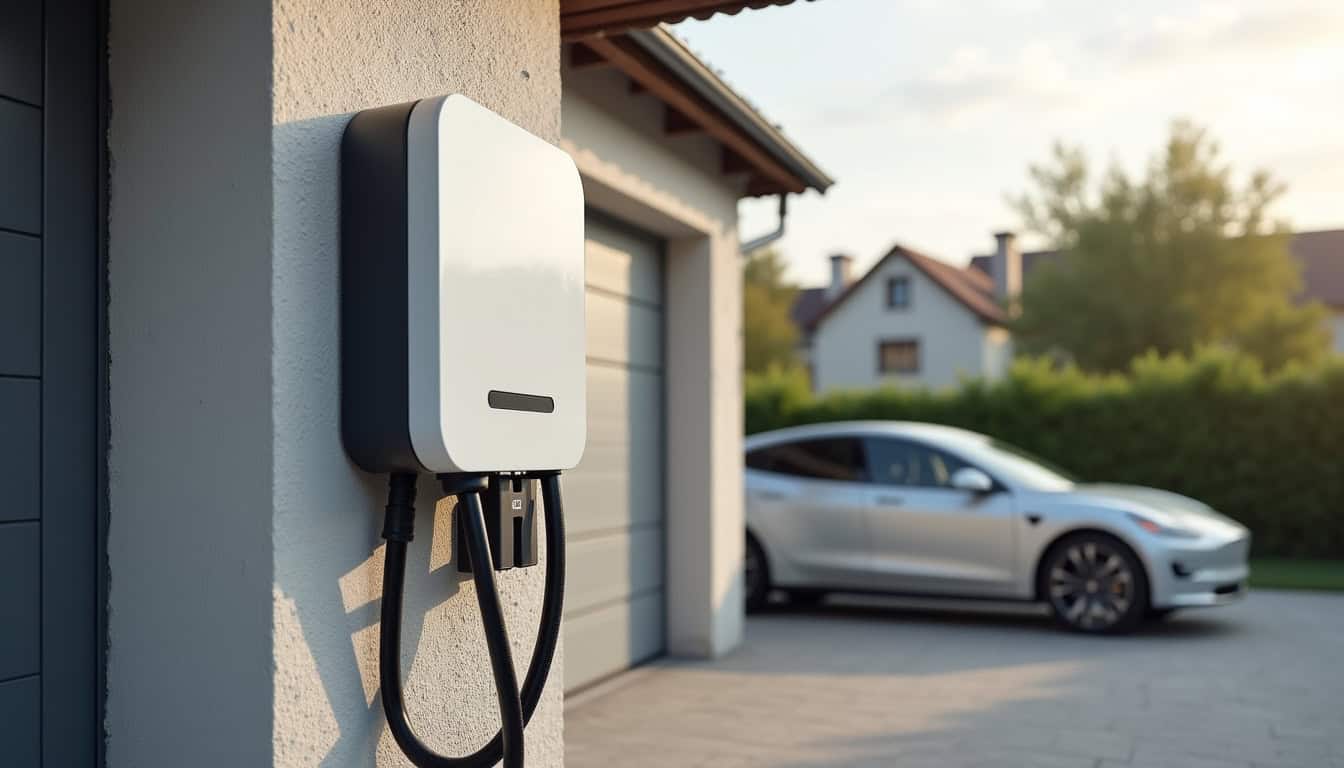 Borne de recharge murale installée en extérieur près d’un garage à Buzet-sur-Tarn