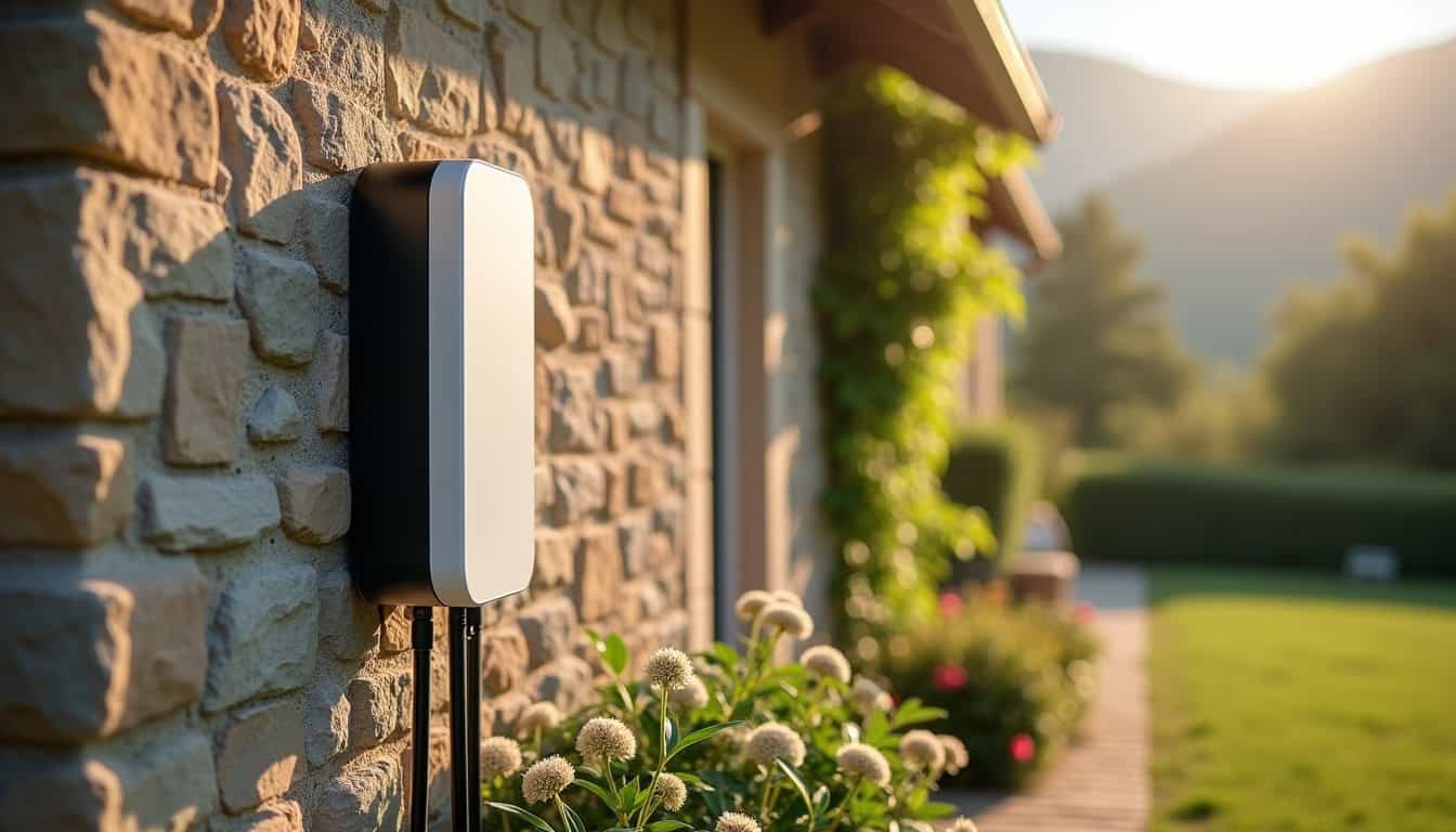 Borne de recharge murale installée sur un mur extérieur à La Bâtie-Montgascon