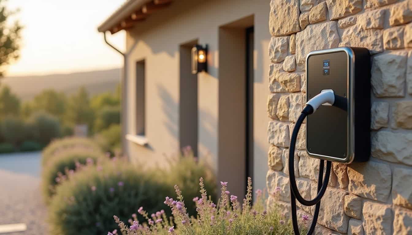 Borne de recharge murale installée sur un mur extérieur à Saint-Chaptes