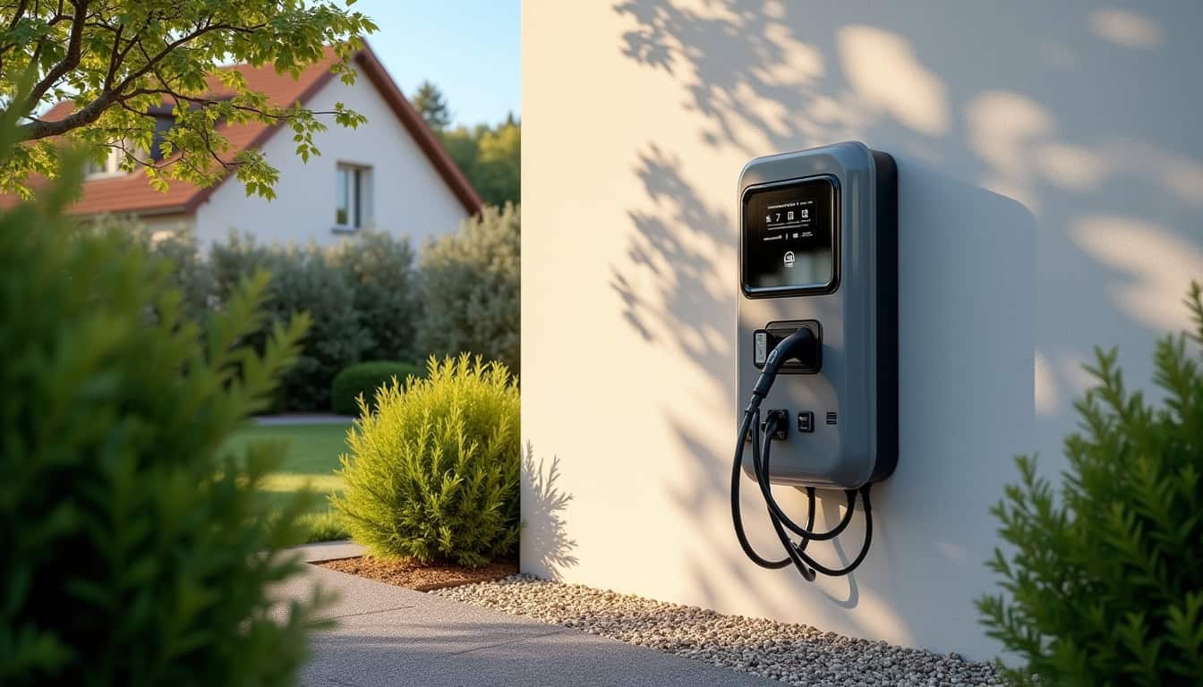 Borne de recharge murale installée sur un mur extérieur dans un jardin à Dreux