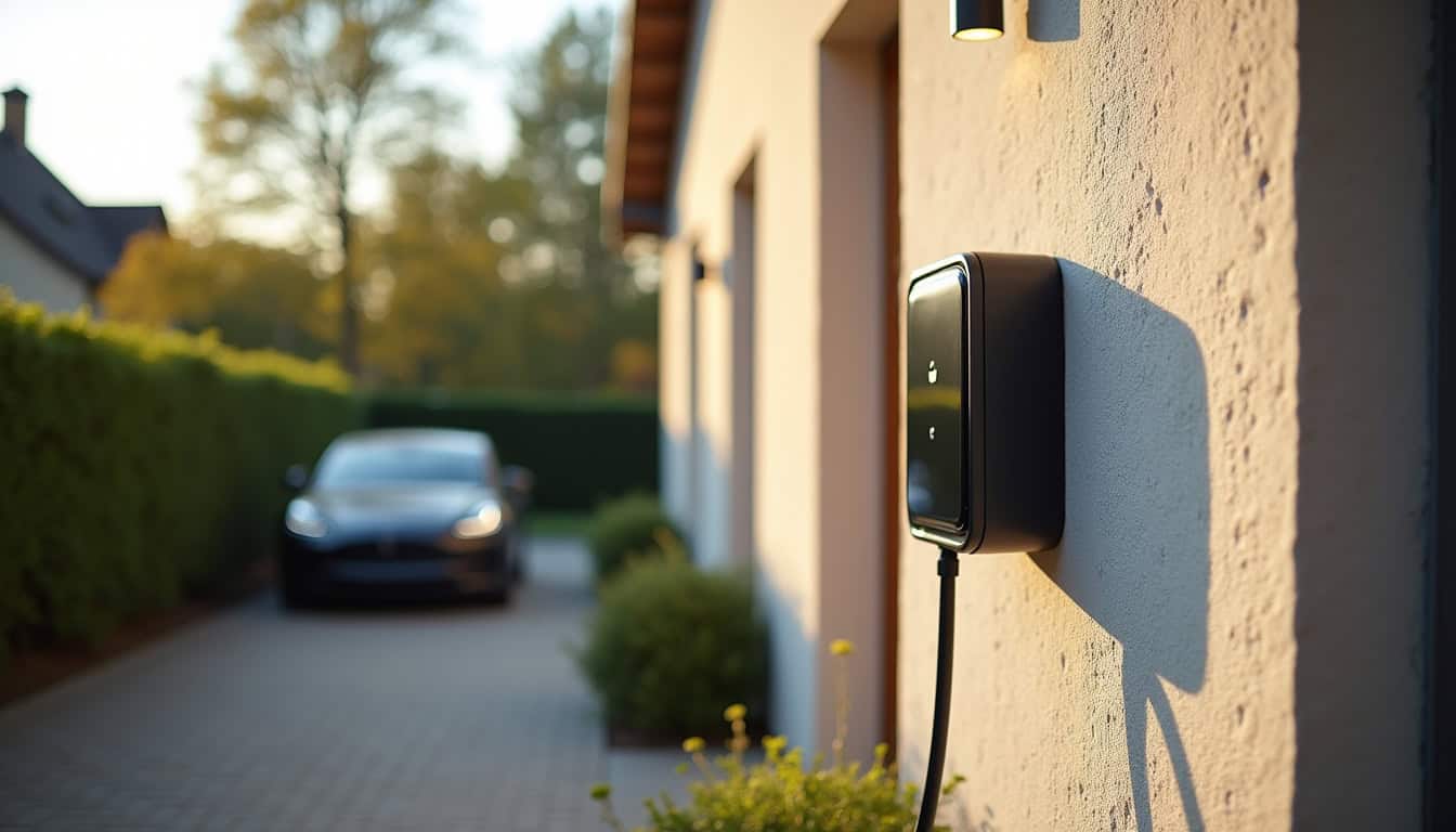 Borne de recharge murale installée sur un mur extérieur d'une maison individuelle
