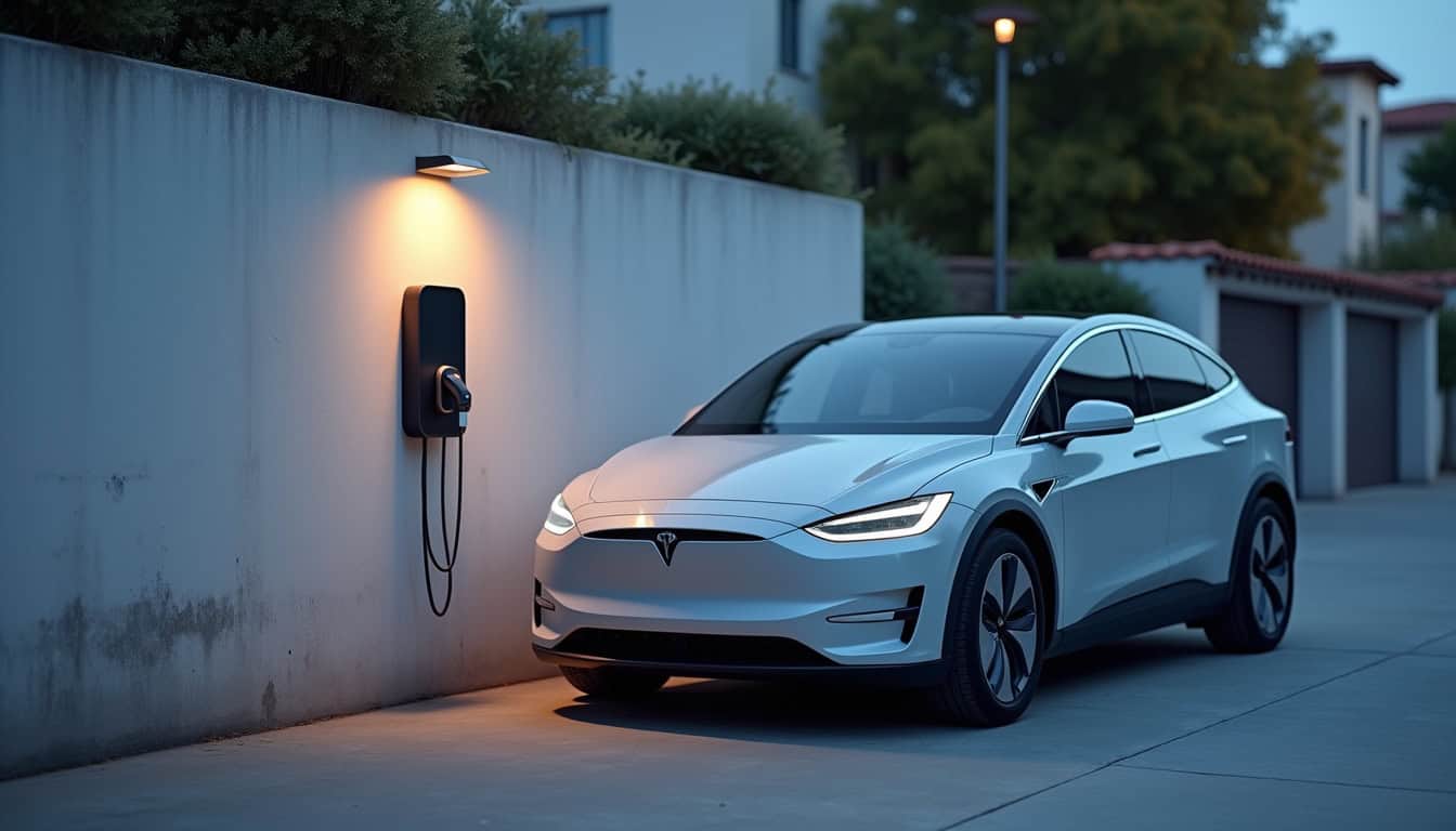 Borne de recharge murale installée sur un mur extérieur près d'une voiture électrique