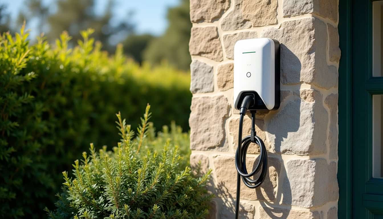 Borne de recharge murale installée sur un mur extérieur, prête à l'emploi dans un jardin à Thénezay