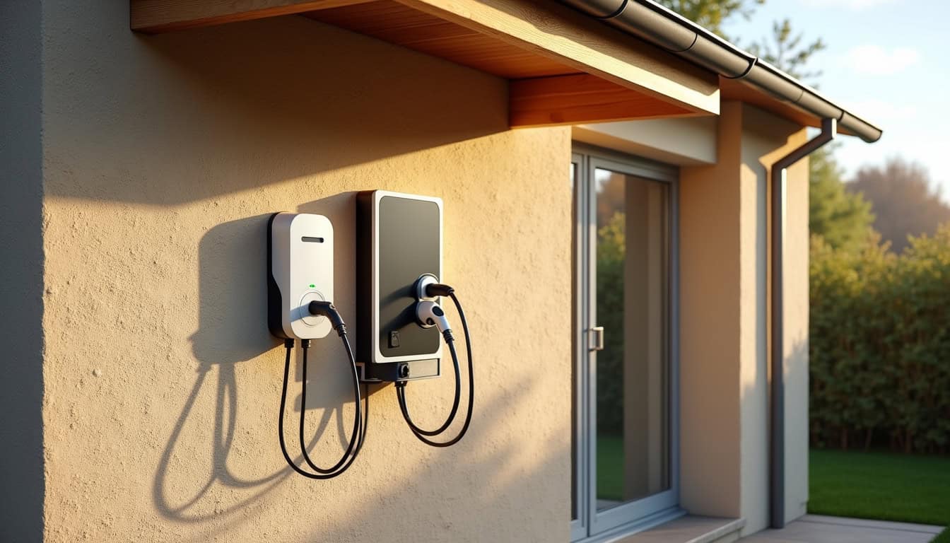 Borne de recharge murale installée sur un mur extérieur, protégée par un auvent, à Onesse-Laharie