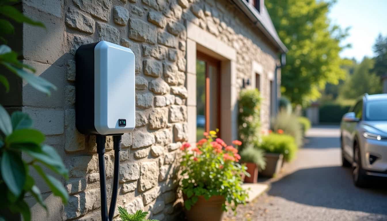 Borne de recharge pour véhicule électrique installée à l'extérieur, en plein jour