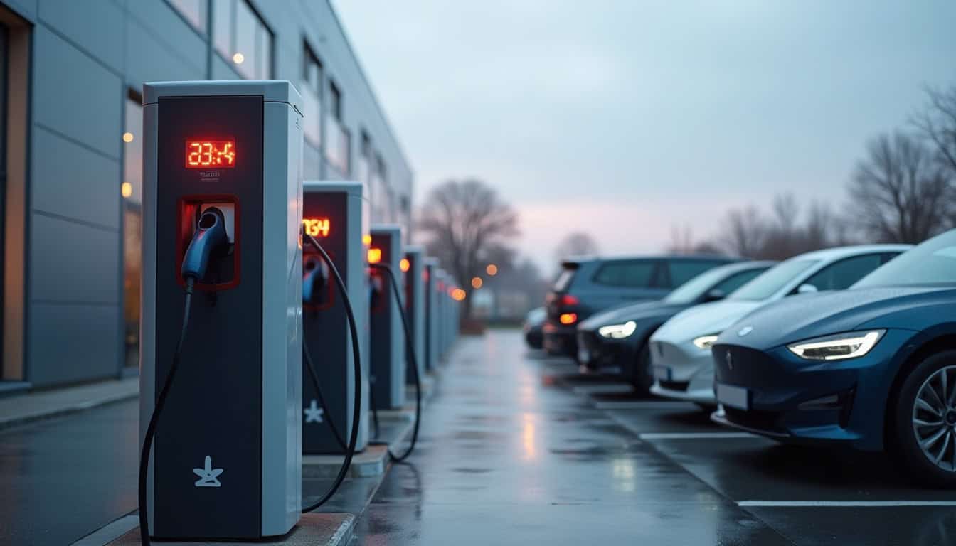 Borne de recharge pour véhicules électriques installée dans un parking d’entreprise à Uffheim, avec plusieurs véhicules en cours de recharge